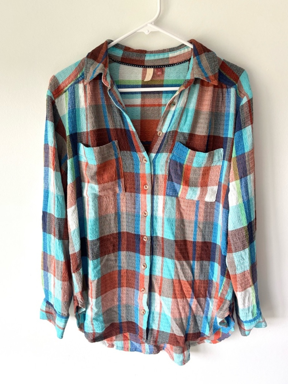 Pilcro Anthropologie Blue Orange Plaid Button Down Collared Shirt Lagenlook